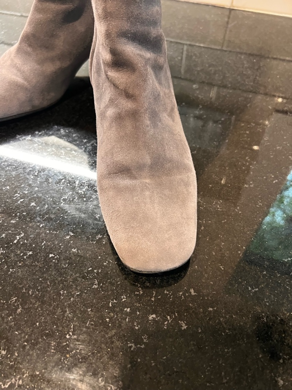 Prada Gray Suede Ankle Booties with Logo Heel Plates - Picture 3 of 9
